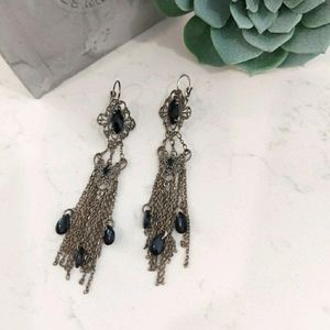 Silver Tone Dangle Earrings with Black Stones